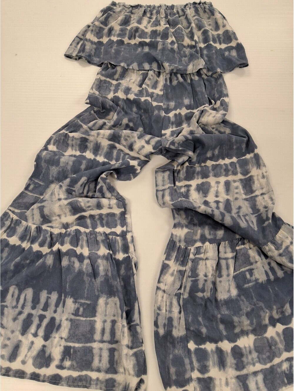 JAPNA Blue and White Boho Tie-Dye Off-Shoulder Wide-Leg Jumpsuit Medium
